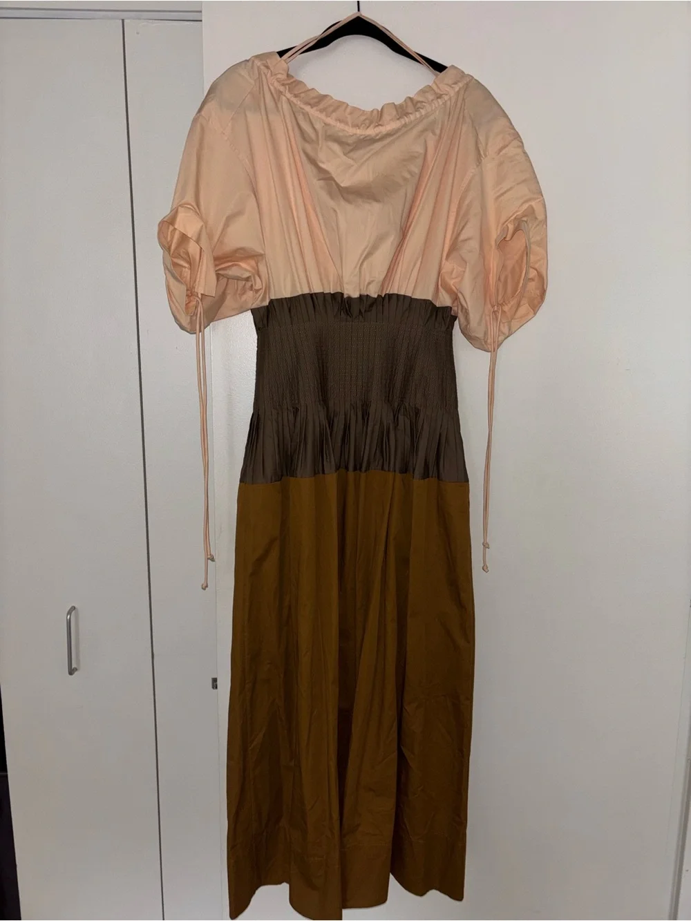 Tory Burch Peach, Olive & Brown Colorblock Poplin Dress